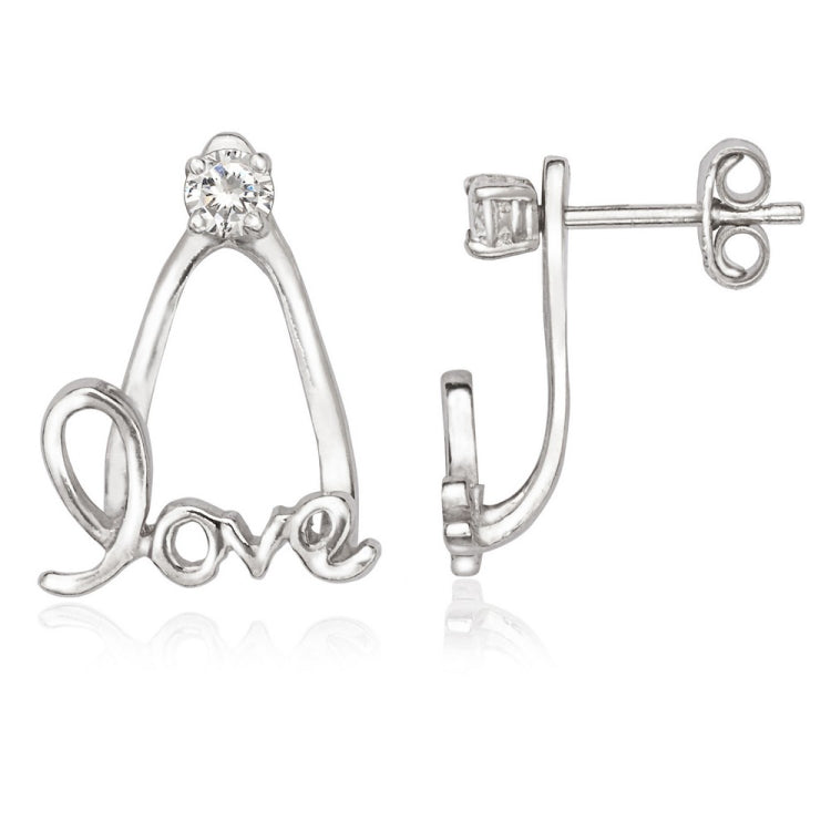 Sterling Silver Front 3mm CZ with Back "LOVE" Earrings