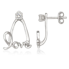 Sterling Silver Front 3mm CZ with Back "LOVE" Earrings