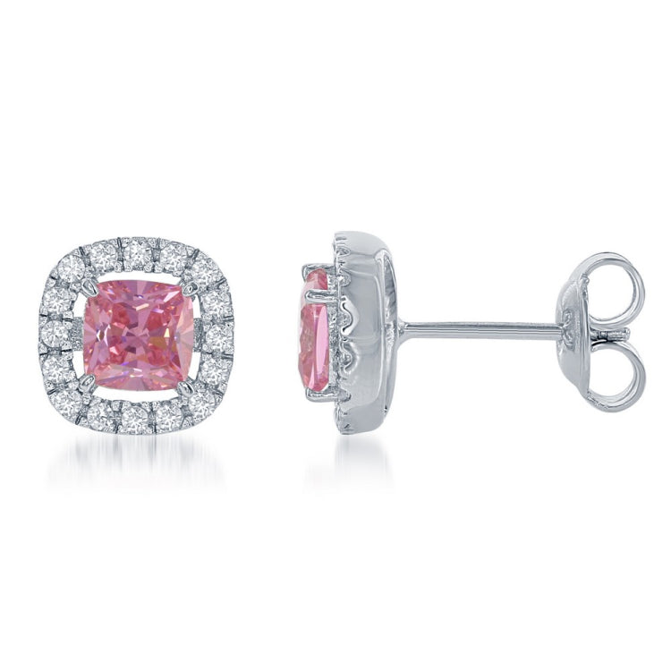 Sterling Silver Pink and White CZ Micro Pave Square Stud Earrings