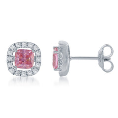 Sterling Silver Pink and White CZ Micro Pave Square Stud Earrings