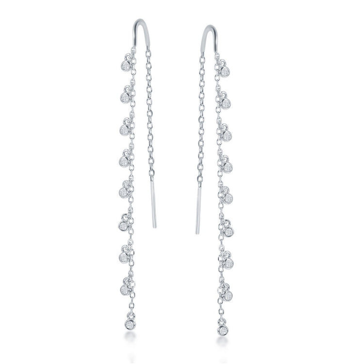 Sterling Silver Hanging Bezel-set CZ with Hanging Bar Chain Threader Earrings