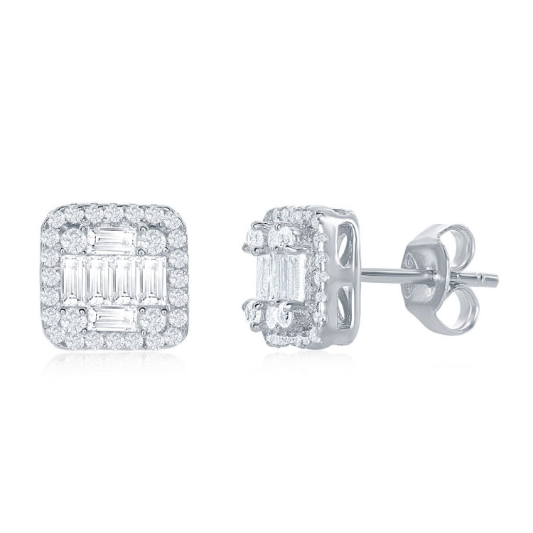 Sterling Silver Square Baguette CZ Stud Earrings