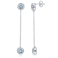 Sterling Silver Round Bezel-Set Blue Topaz with Hanging Chain Bezel-Set Blue Topaz Earrings