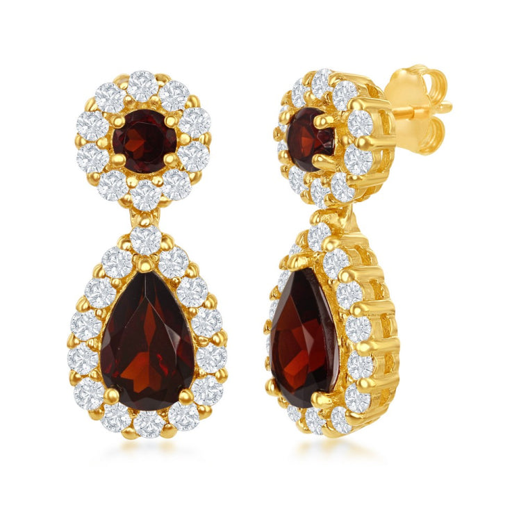 Sterling Silver Round & Teardrop Garnet Center White Topaz Border Earrings - Gold Plated
