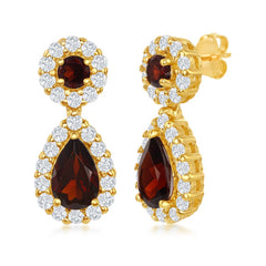Sterling Silver Round & Teardrop Garnet Center White Topaz Border Earrings - Gold Plated