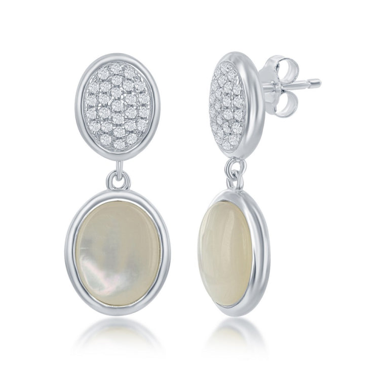 Sterling Silver Micro Pave and Mother of Pearl Oval Earrings