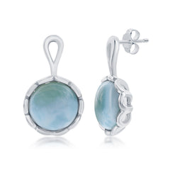 Sterling Silver Round Larimar with Wavy Design Border Earrings