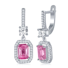 Sterling Silver Center Emerald-Cut Pink CZ with CZ Border Earrings