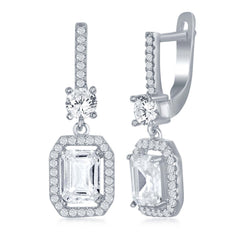 Sterling Silver Center Emerald-Cut White CZ with CZ Border Earrings