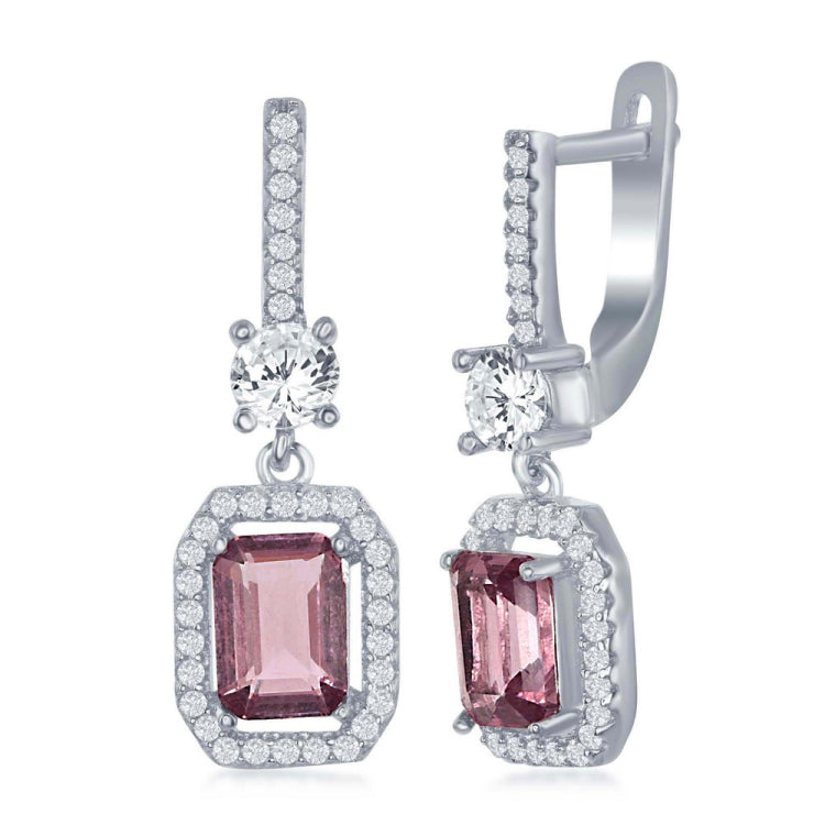Sterling Silver Center Emerald-Cut Tourmaline CZ with CZ Border Earrings