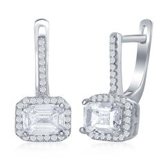 Sterling Silver Four-Prong White CZ with CZ Border Earrings