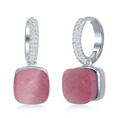 Sterling Silver Top Micro Pave with Checkered Square Pink Cat's Eye Earrings