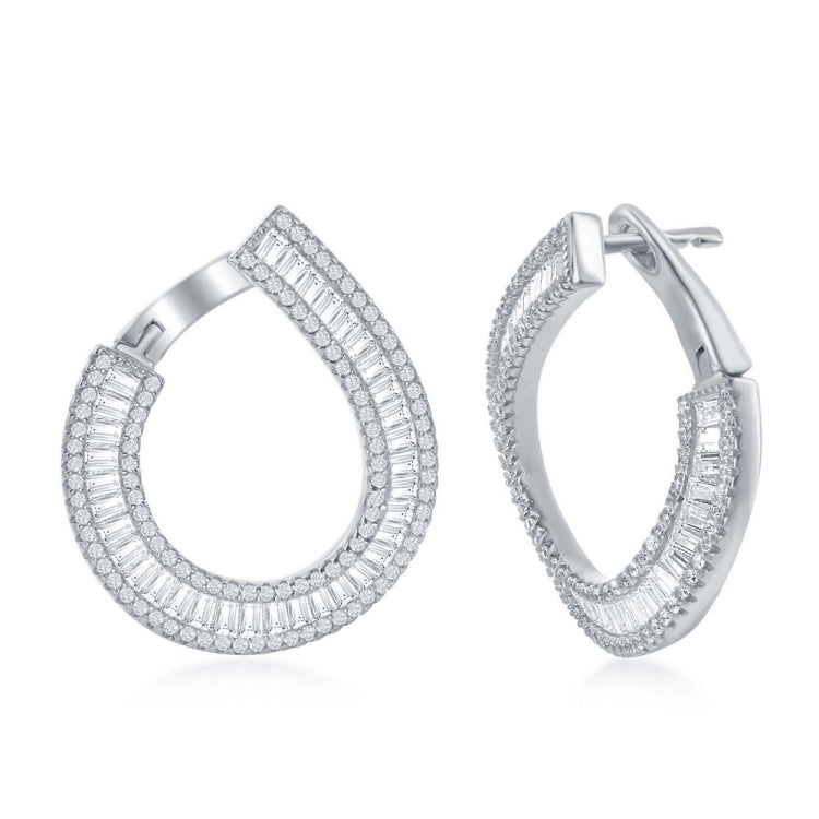 Sterling Silver Baguette with CZ Border J-Design Earrings