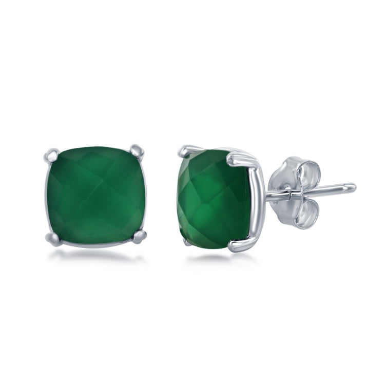 Sterling Silver 'August Birthstone' Square green agate  Stud Earrings