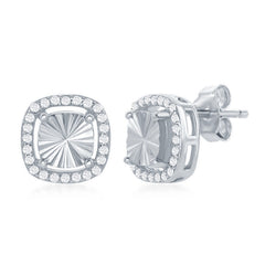 Sterling Silver Illusion-Cut Center with CZ Border Square Stud Earrings