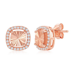 Sterling Silver RG Illusion-Cut Center with CZ Border Square Stud Earrings