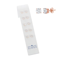 Sterling Silver Set of 5 Round 6MM CZ Stud Earrings - Rose Gold Plated
