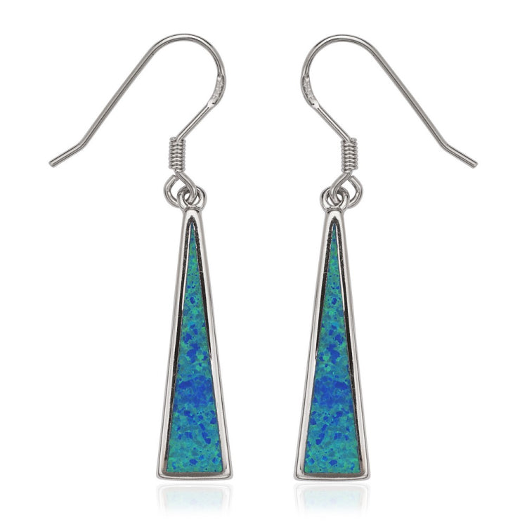 Sterling Silver Long Triangle Shaped Blue Inlay Opal Earrings