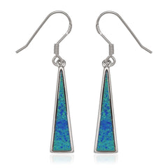 Sterling Silver Long Triangle Shaped Blue Inlay Opal Earrings