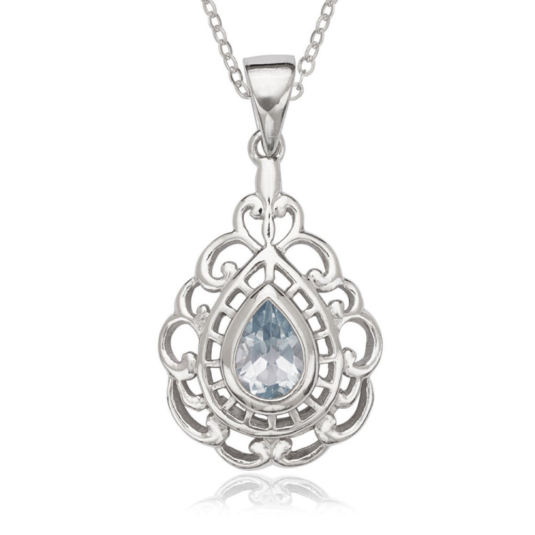 (SPECIAL ORD) Sterling Silver Designed Open Teardrop with Center Blue Topaz Teardrop Pendant