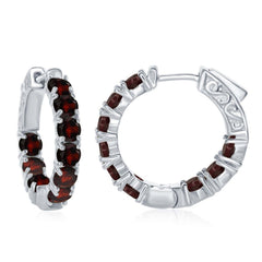 Sterling Silver Inside-Outside Garnet Gemstone Hoop Earrings