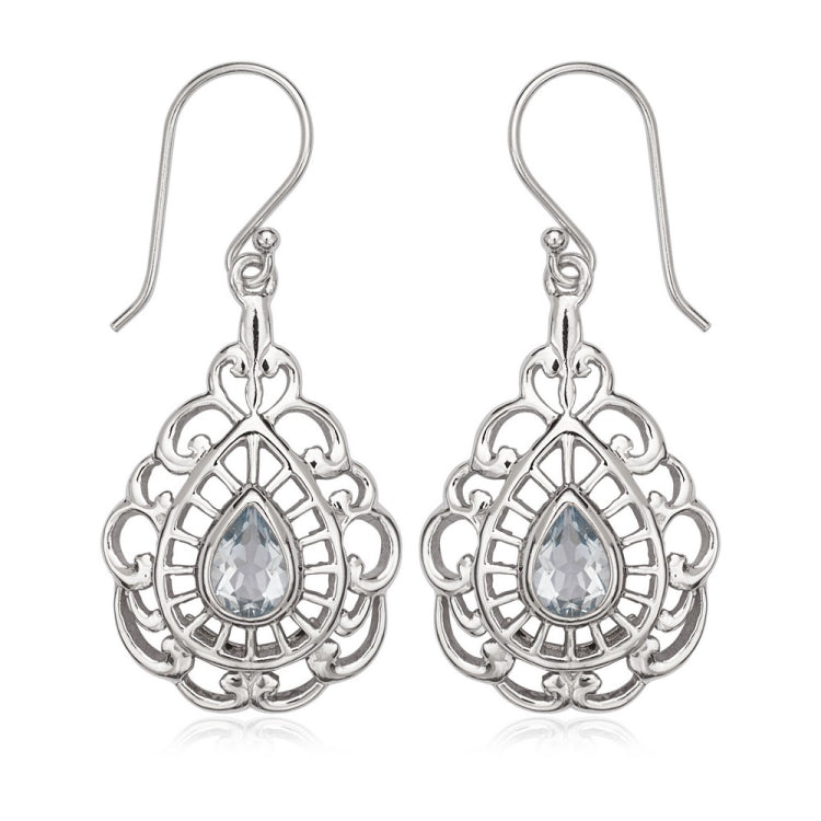 Sterling Silver Designed Open Teardrop with Center Blue Topaz Teardrop Earrings
