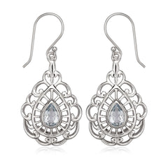 Sterling Silver Designed Open Teardrop with Center Blue Topaz Teardrop Earrings