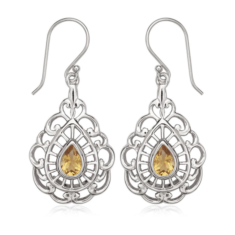 (SPECIAL ORD) Sterling Silver Designed Open Teardrop with Center Citrine Teardrop Earrings