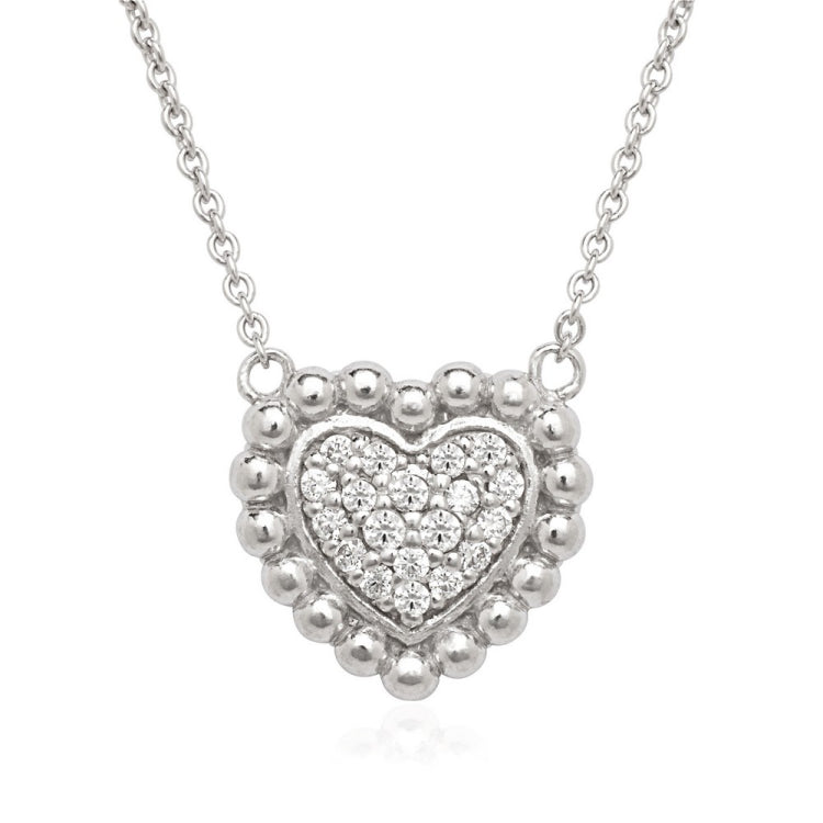 Sterling Silver  Small CZ Heart with Beaded Border Necklace