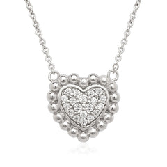 Sterling Silver  Small CZ Heart with Beaded Border Necklace