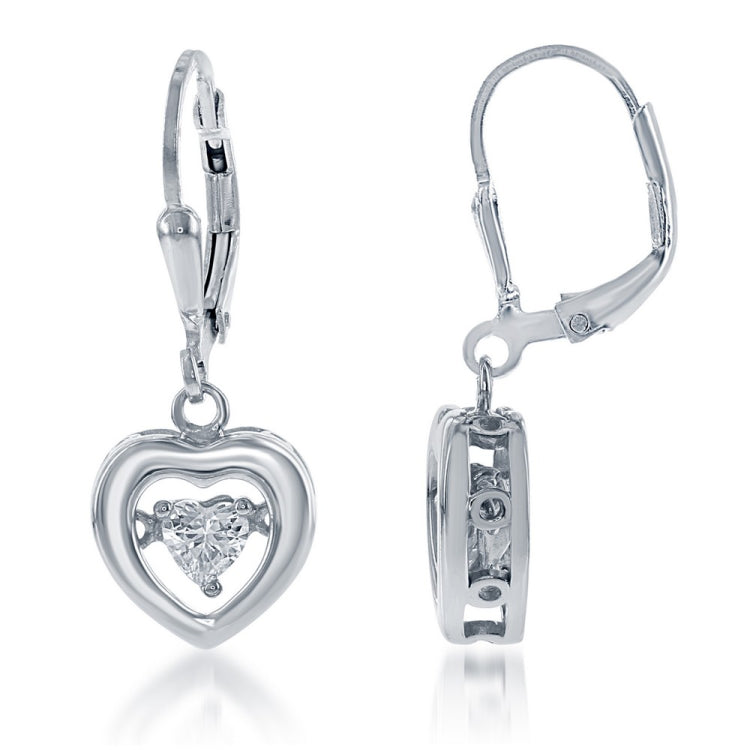 Sterling Silver Open Heart with Center Dancing CZ Earrings