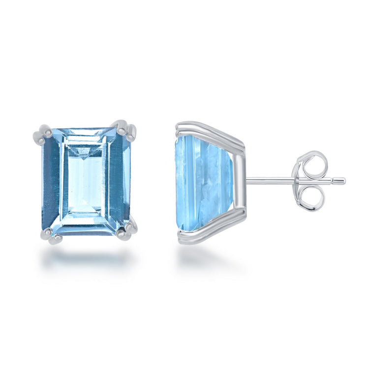 Sterling Silver Rectangle Blue Topaz Prong Set Stud Earrings