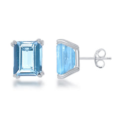 Sterling Silver Rectangle Blue Topaz Prong Set Stud Earrings