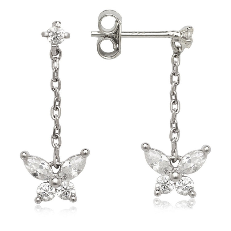 Sterling Silver Hanging Chain with Small CZ Butterfly Earrings