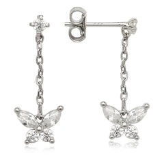 Sterling Silver Hanging Chain with Small CZ Butterfly Earrings