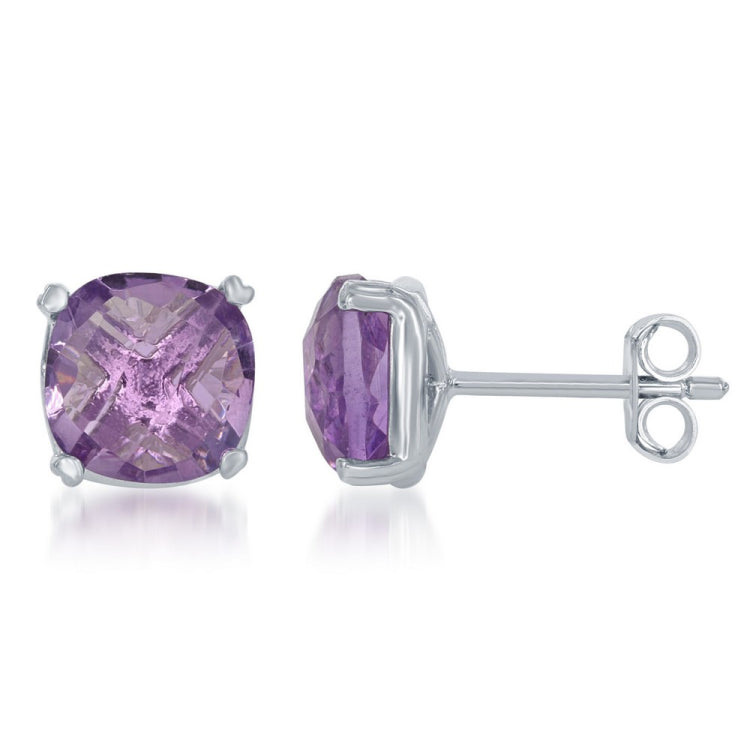 Sterling Silver 8mm Cushion-cut Amethyst Stud Earrings