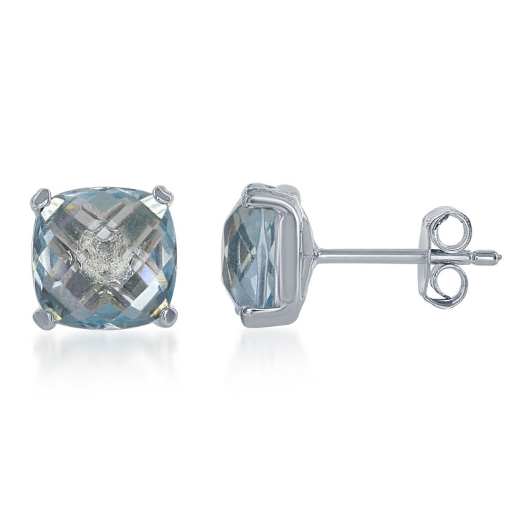 Sterling Silver 8mm Cushion-cut Blue Topaz Stud Earrings