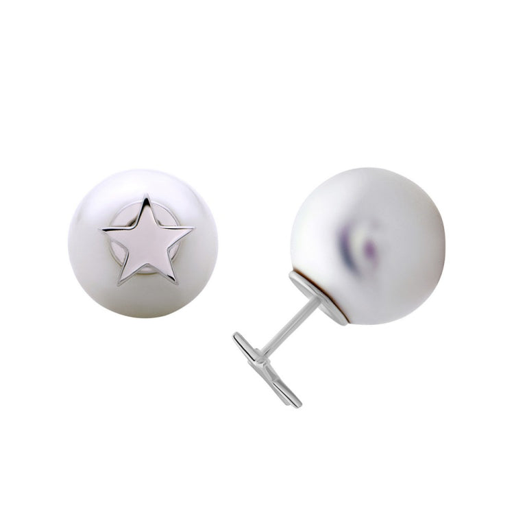 Sterling Silver Shiny Star Front with 12mm White Pearl Back Earrings