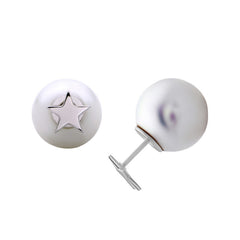 Sterling Silver Shiny Star Front with 12mm White Pearl Back Earrings