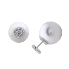 Sterling Silver 12mm CZ Disc Front with 12mm White Pearl Back Earrings