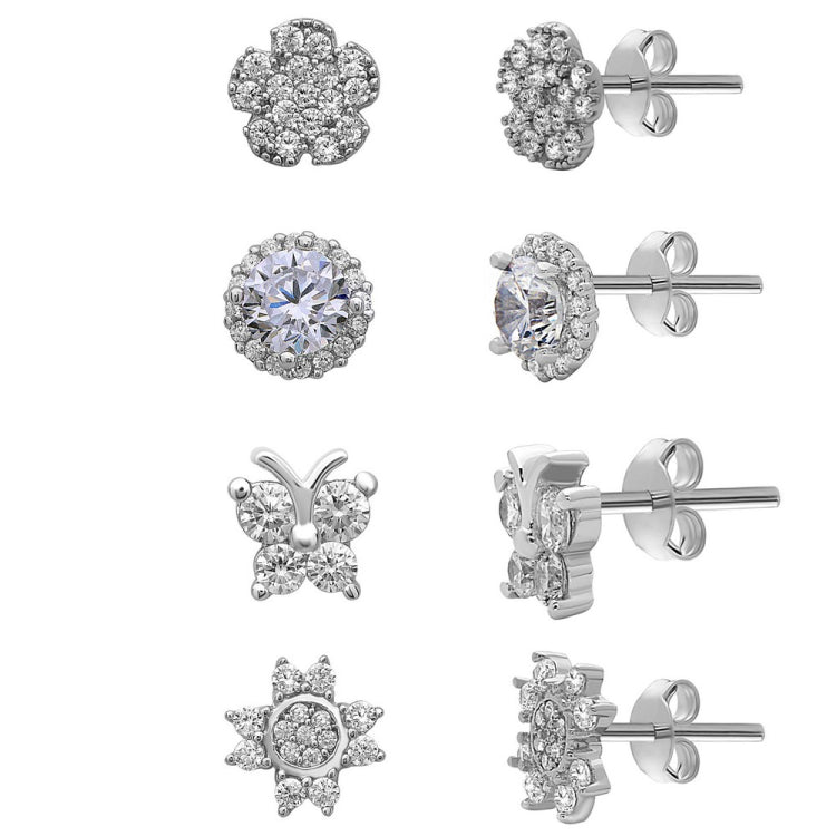 Sterling Silver CZ Set of 4 Flowers, Circle, and Butterfly Stud Earrings
