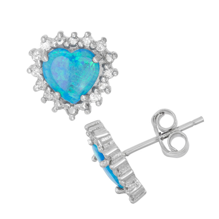 Sterling Silver Blue Inlay Opal Heart with CZ Border Stud Earrings