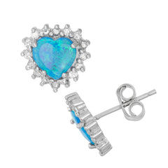 Sterling Silver Blue Inlay Opal Heart with CZ Border Stud Earrings