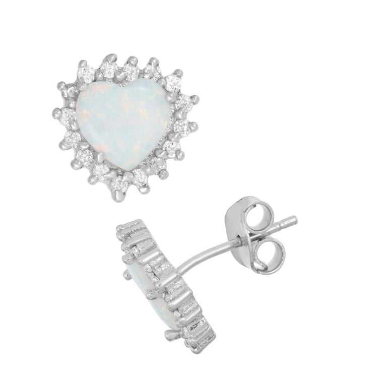 Sterling Silver White Inlay Opal Heart with CZ Border Stud Earrings