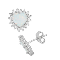 Sterling Silver White Inlay Opal Heart with CZ Border Stud Earrings