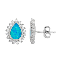 Sterling Silver Blue Inlay Opal Teardrop with CZ Border Stud Earrings