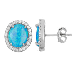 Sterling Silver Blue Inlay Opal Oval with CZ Border Stud Earrings