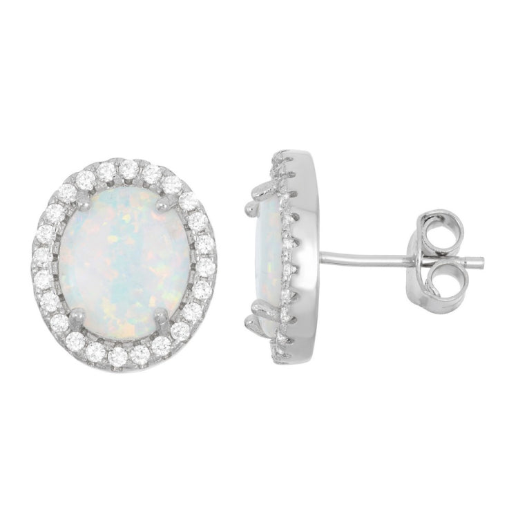 Sterling Silver White Inlay Opal Oval with CZ Border Stud Earrings