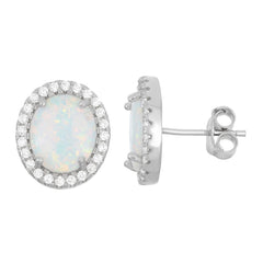 Sterling Silver White Inlay Opal Oval with CZ Border Stud Earrings