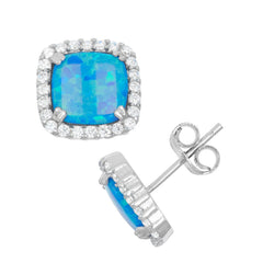 Sterling Silver Square CZ with Center Blue Inlay Opal Earrings